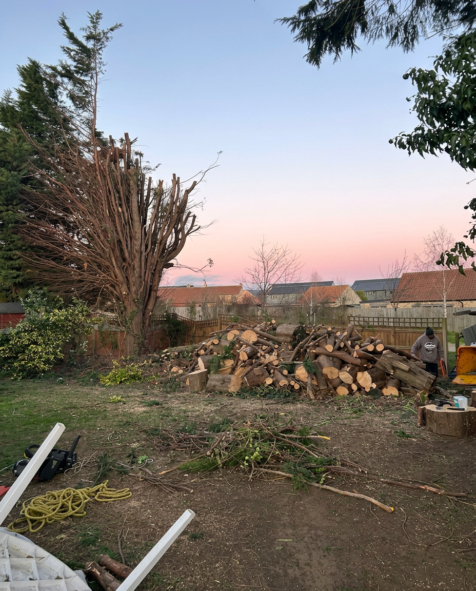 Tree reduction work with cut timber prepared on site